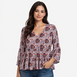 Lucky Brand Tunic Blouse Womens Medium Multicolor Floral Boho Ruffle 3/4 Sleeve